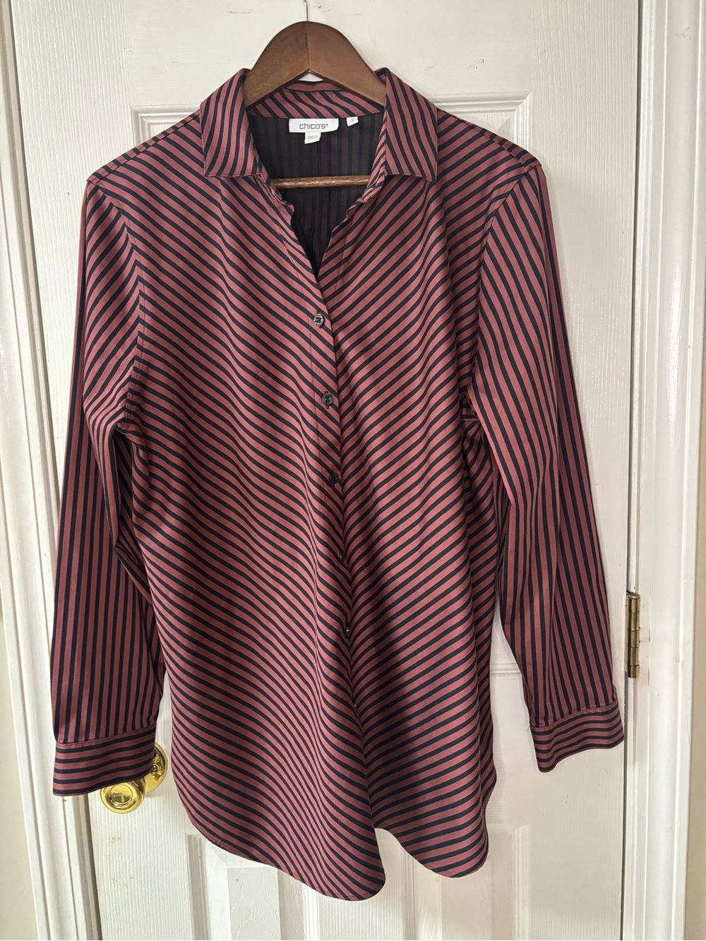 Chico's Black and Pink Diagonal Stripe Button-Down Shirt